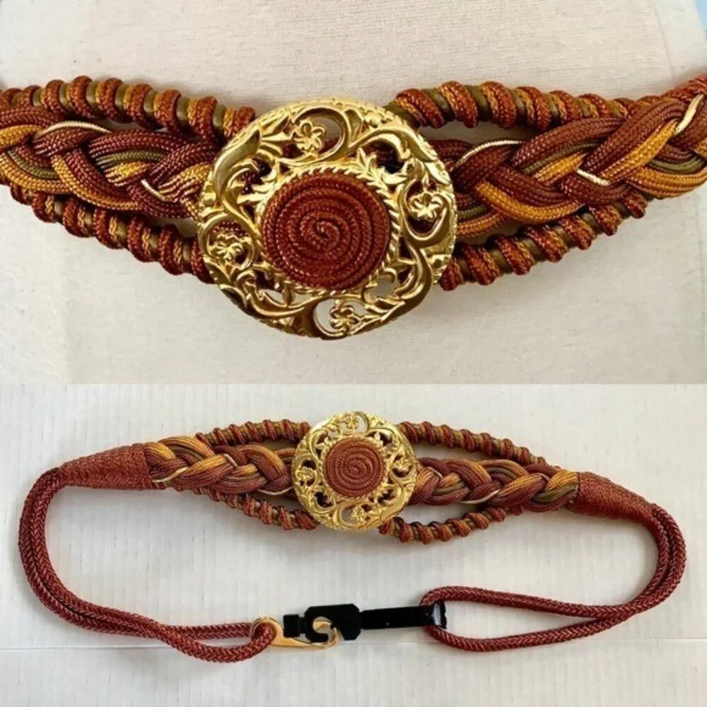 vintage 80’s 90’s statement belt statement stretch braided Gold Fall colors M L